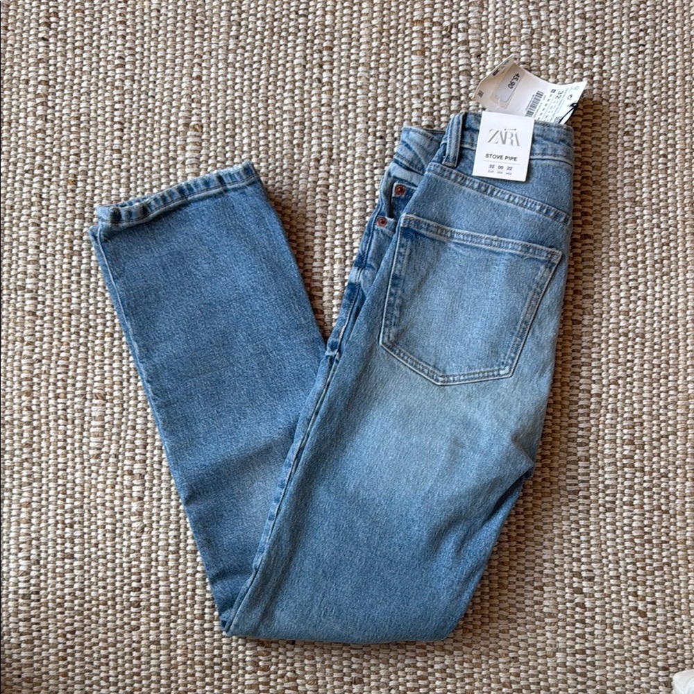 Zara Stove Pipe High-Rise Straight Jeans - Light Blue